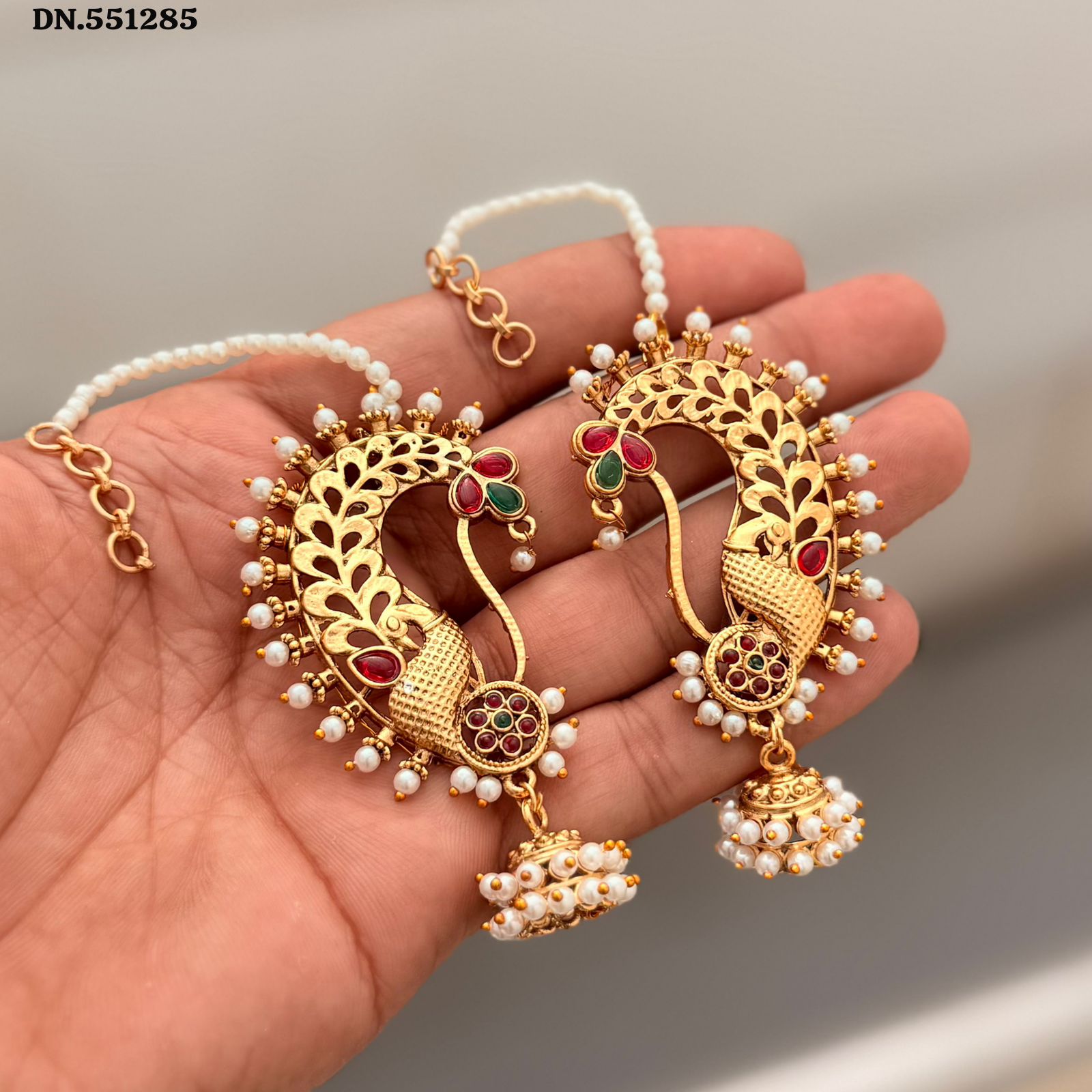 Antique Gold Motif Crescent Jhumka Earrings with Pearl Drops – Traditional Temple Wear