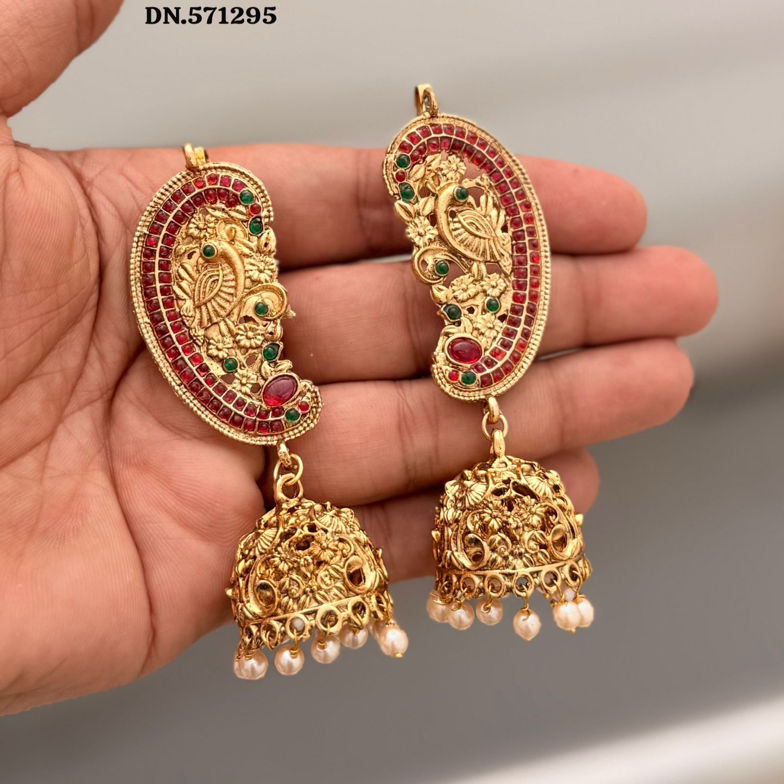 Graceful Floral Gold Jhumka Earrings with Ruby-Tone Stones & Pearl Drops