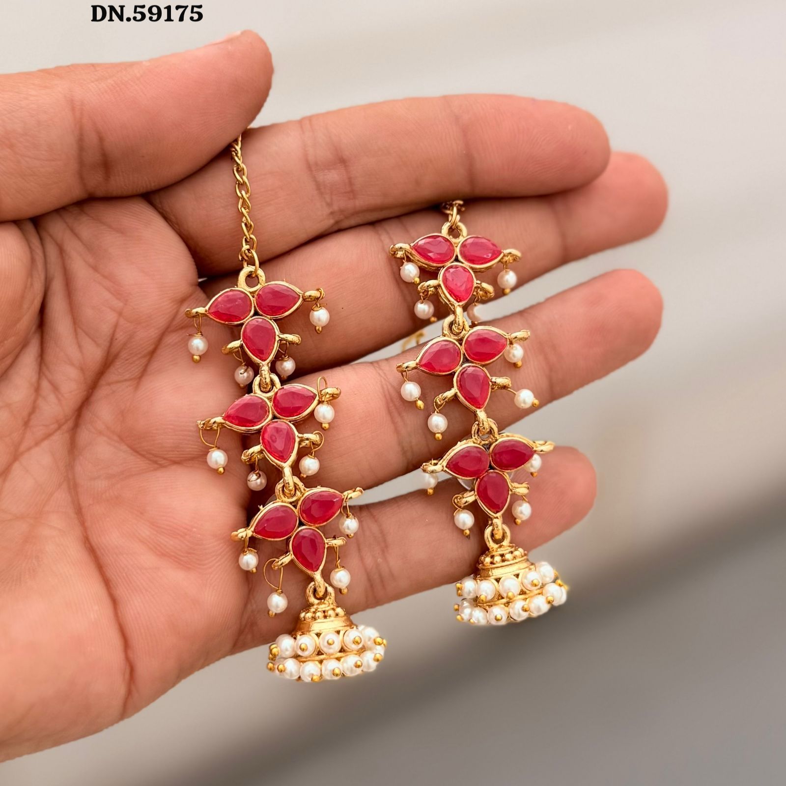 Vibrant Ruby & Emerald Floral Drop Jhumka Earrings with Pearl Accents