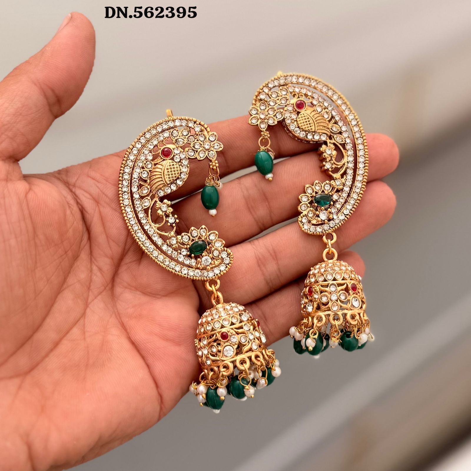 Antique Gold Kundan Peacock Jhumka Earrings with Green Beads – Royal Wedding Wear