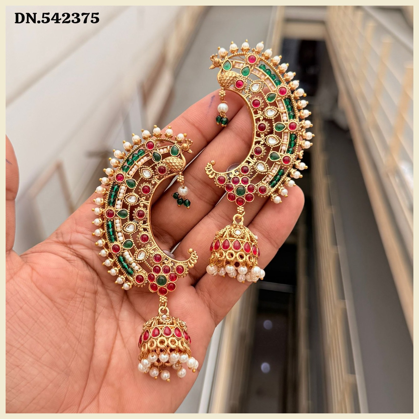 Antique Earcuff Style Chandbali Earrings with Ruby, Emerald & Kundan Stones and Pearl Jhumka Drops